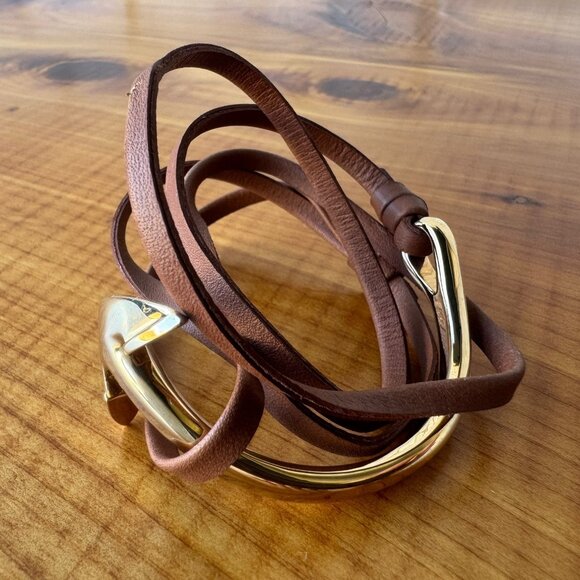 Miansai Anchor Gold Tone Half Cuff Brown Leather Women's Bracelet - Picture 1 of 5